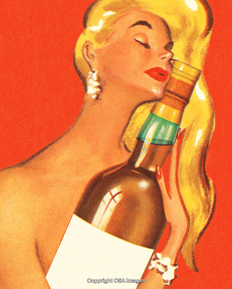 Vintage Illustration of a Glamorous Woman Holding a Stylish Bottle