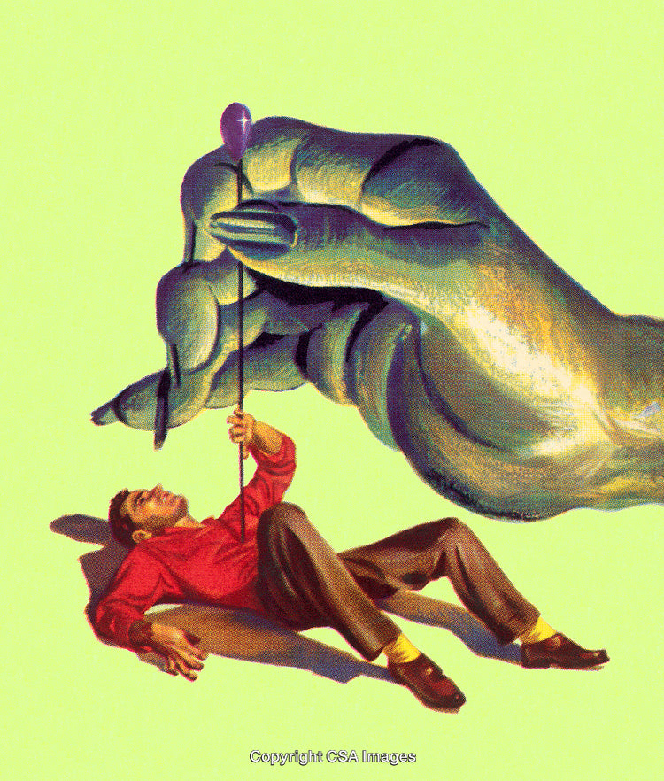 Surreal Illustration of a Giant Hand Holding a Pin Near a Small Man