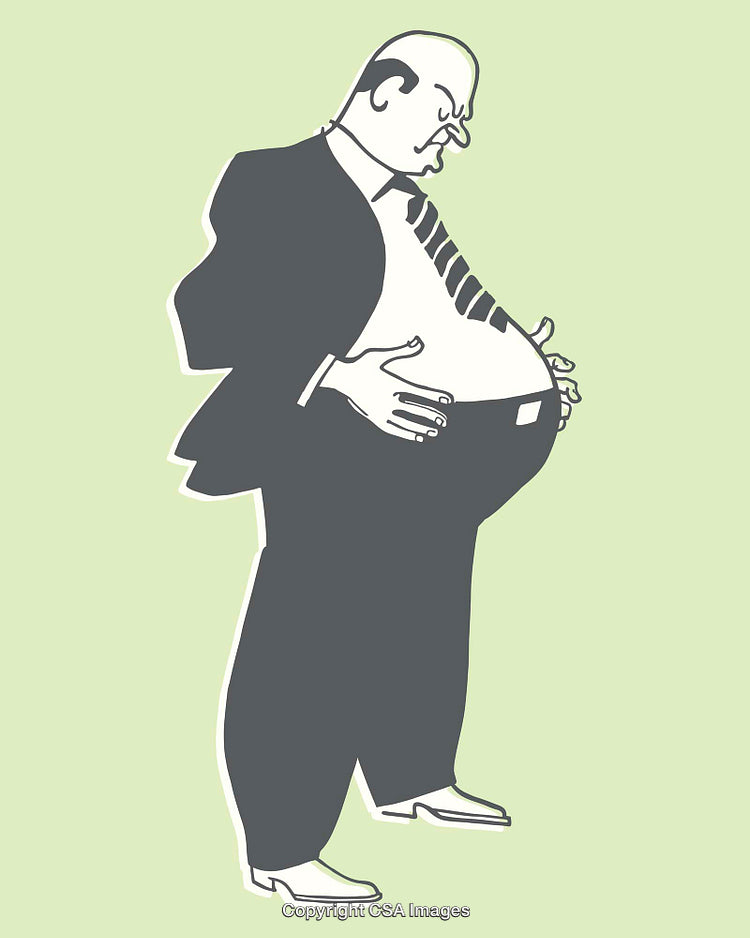 Illustration of a Businessperson Examining Their Stomach in a Suit and Tie