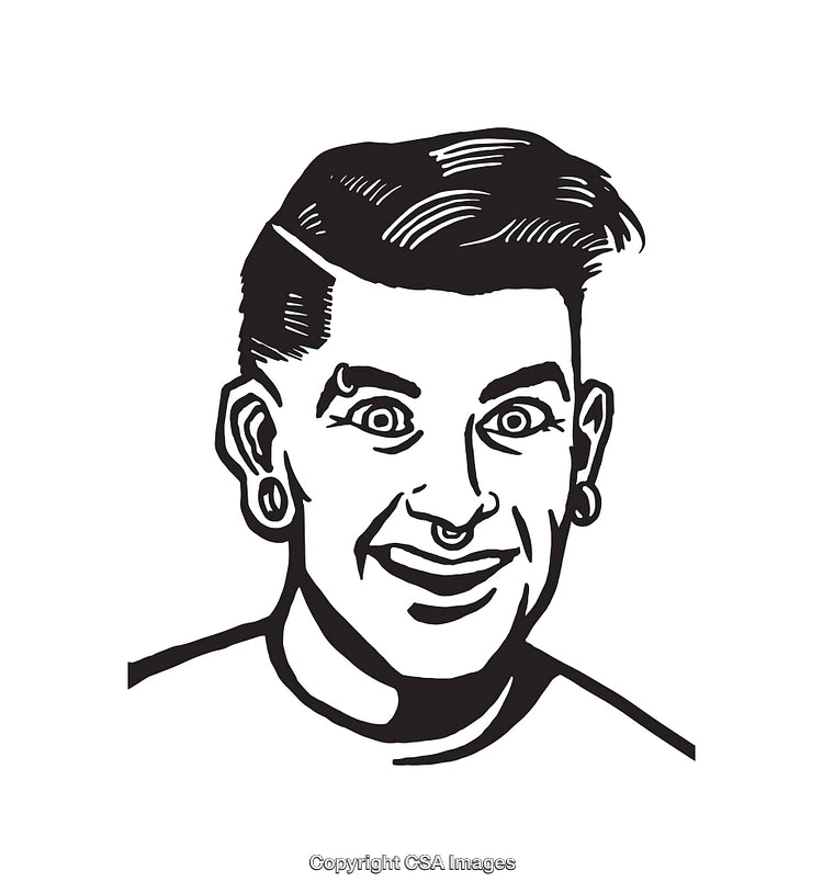 Smiling Person Line Art Illustration with Piercings and Styled Hair