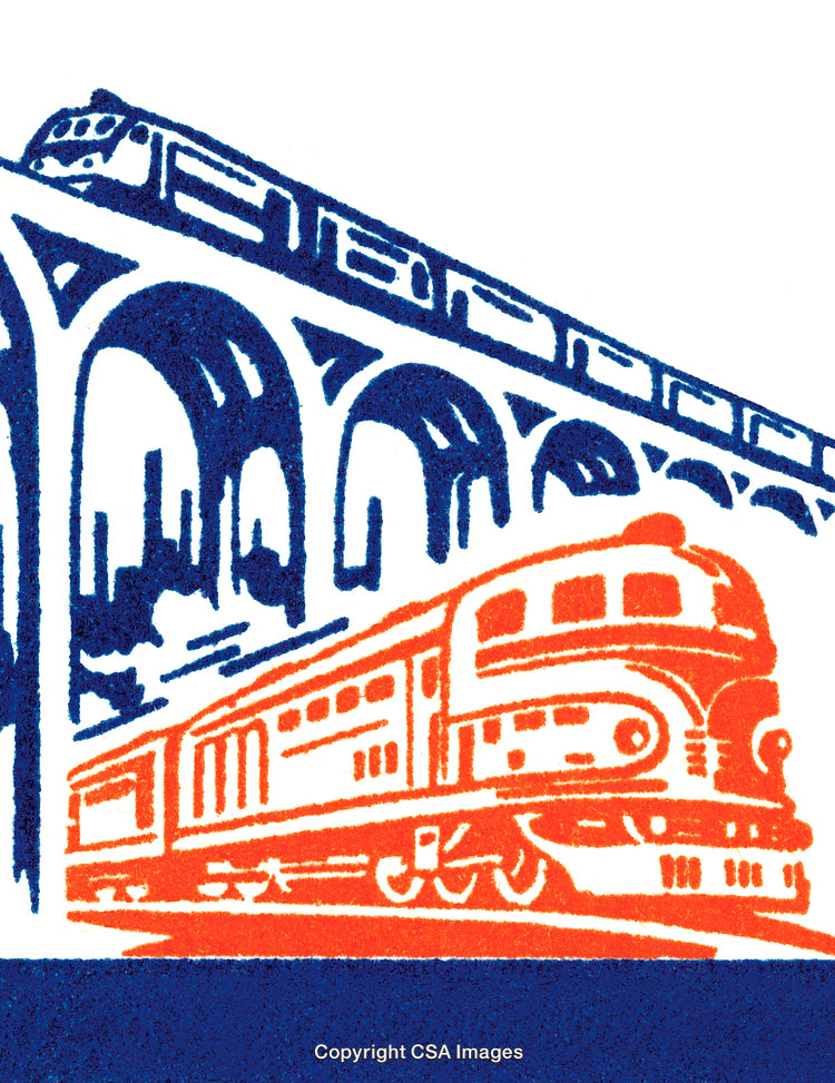 Retro Graphic Depicting Classic Trains on Bridge and Landscape