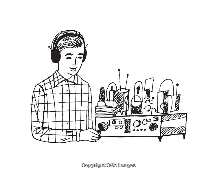 Hand-Drawn Black and White Line Art of Person Operating Radio Equipment