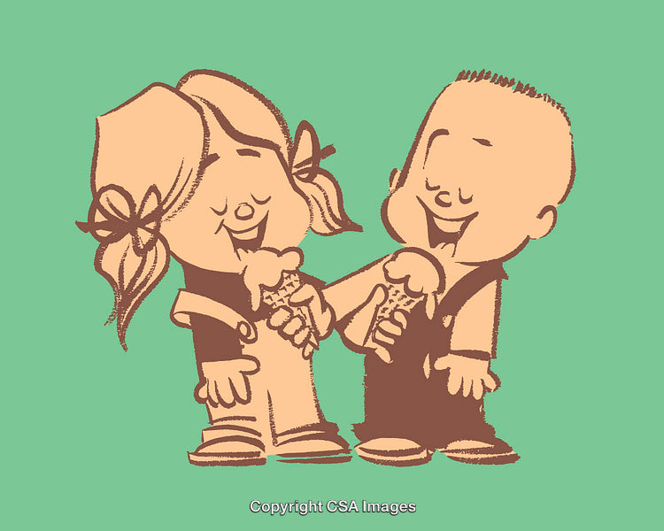 Whimsical Cartoon Illustration of Two Kids Enjoying Ice Cream Together