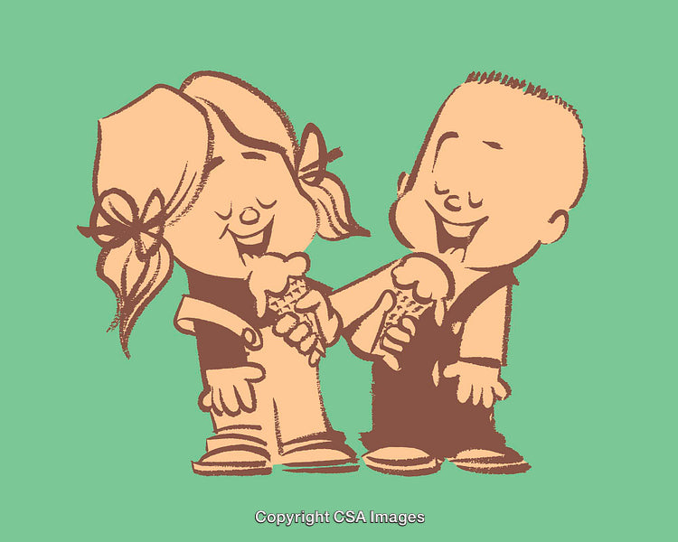 Whimsical Cartoon Illustration of Two Kids Enjoying Ice Cream Together