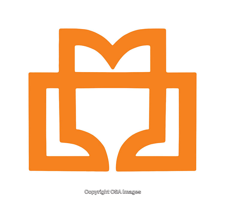 Orange Icon Depicting an Open Book and Letter M Symbol