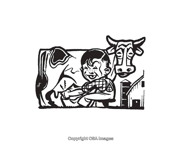 Child and Cow in Rustic Farm Setting, Black and White Line Art Illustration