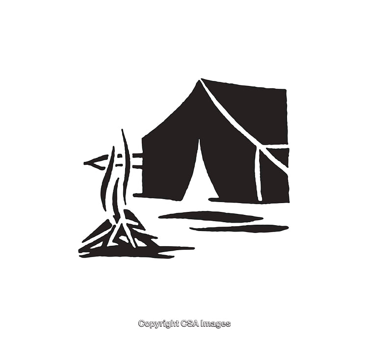 Black and White Illustration of a Camping Tent and Campfire Scene