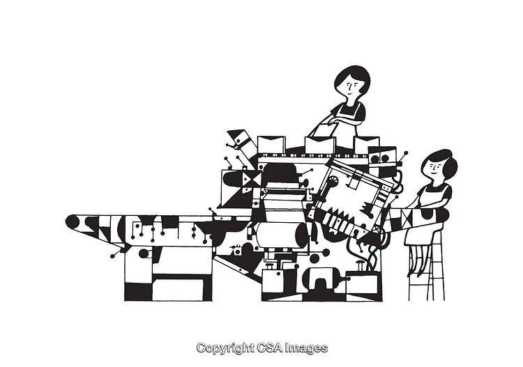 Black and White Line Art Depicting People with Geometric Designs
