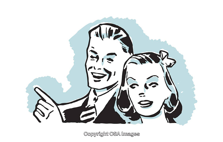 Retro Style Illustration of Smiling Man and Woman in Classic Attire