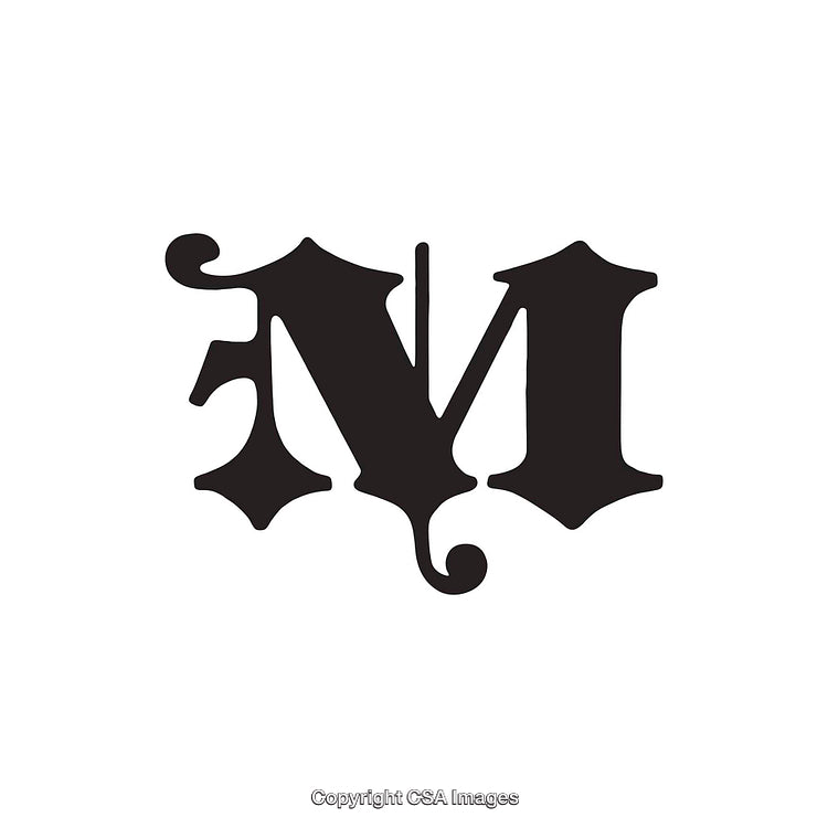 Ornately Styled Letter M Design in Black on White Background