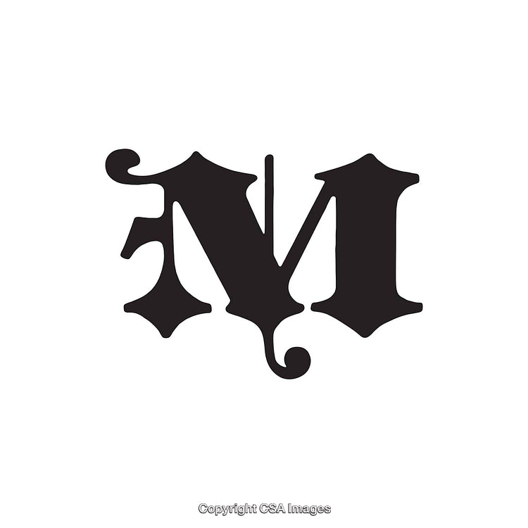 Ornately Styled Letter M Design in Black on White Background