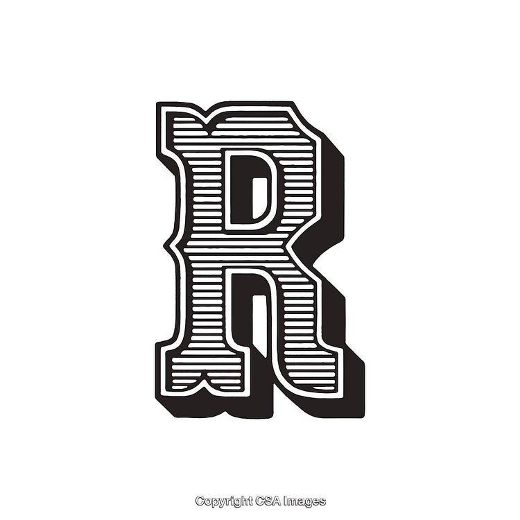 Decorative Black and White Illustration of the Letter R in a Retro Style