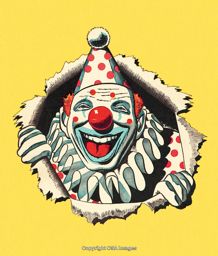 Colorful Cartoon Clown Popping Out on a Bright Yellow Background