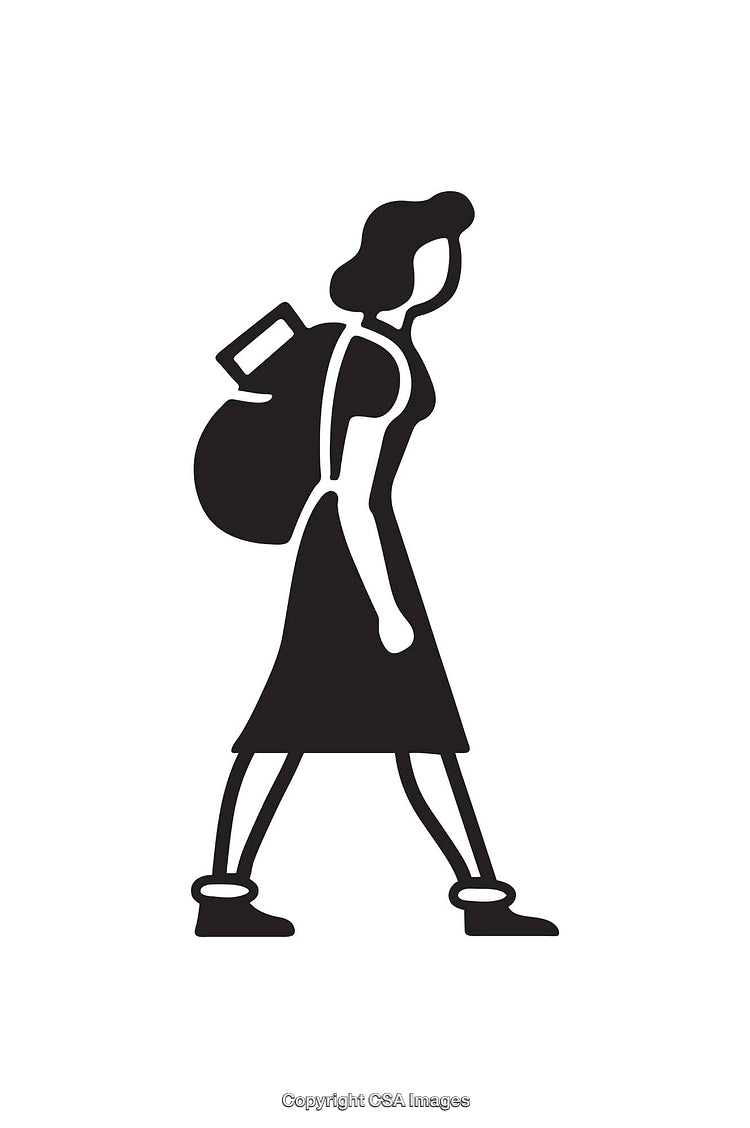 Black and White Icon of a Woman Walking with Backpack