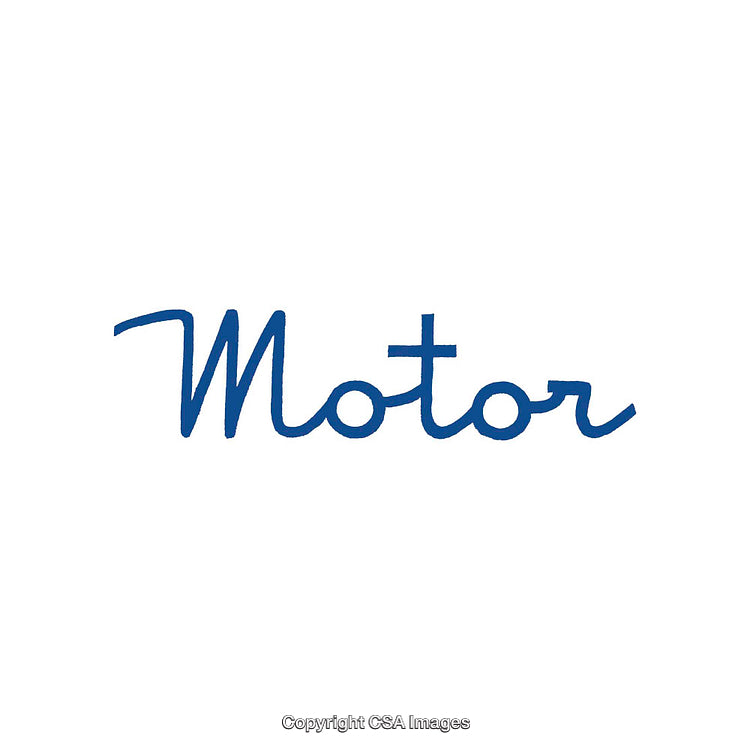 Blue Cursive Writing of the Word 'Motor' on a White Background