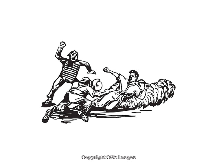 Illustrated Baseball Game Scene Featuring Slide into Home Plate