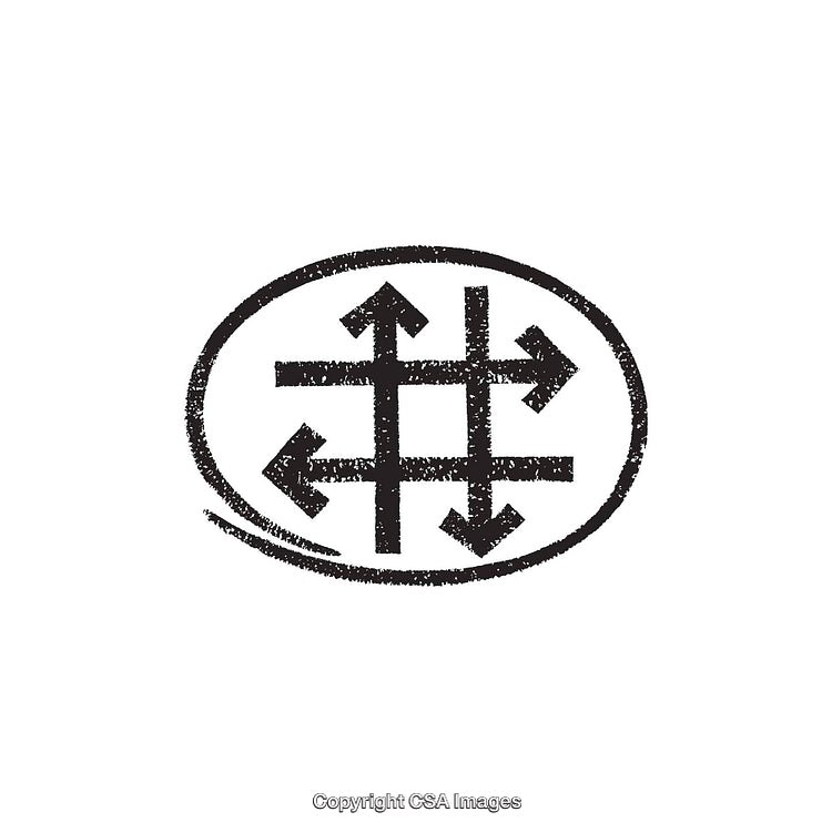 Black and White Hand-Drawn Dingbat Shape with Multiple Arrows Inside a Circle