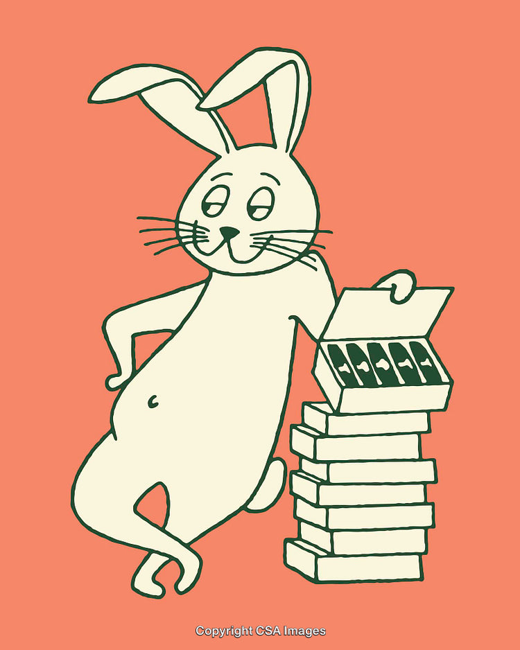 Cartoon Rabbit Leaning on Stacked Boxes with Open Lid Illustration