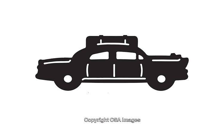 Retro Black and White Car Illustration with Roof Luggage Blackout Silhouette