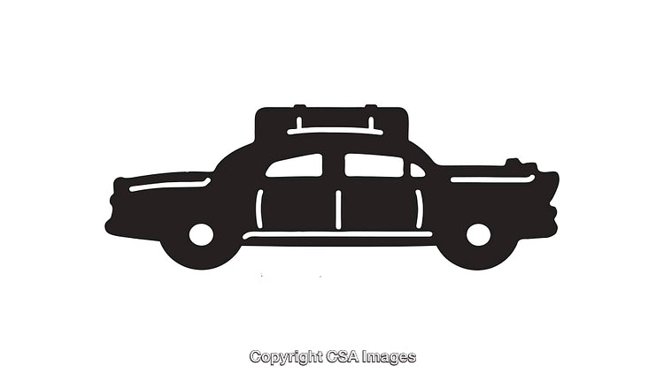 Retro Black and White Car Illustration with Roof Luggage Blackout Silhouette