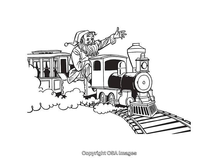 Retro Line Art of a Christmas Character on a Train