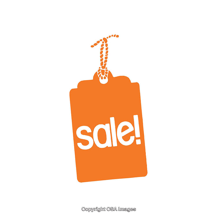 Orange Sales Tag Design with Bold Typography on a White Background