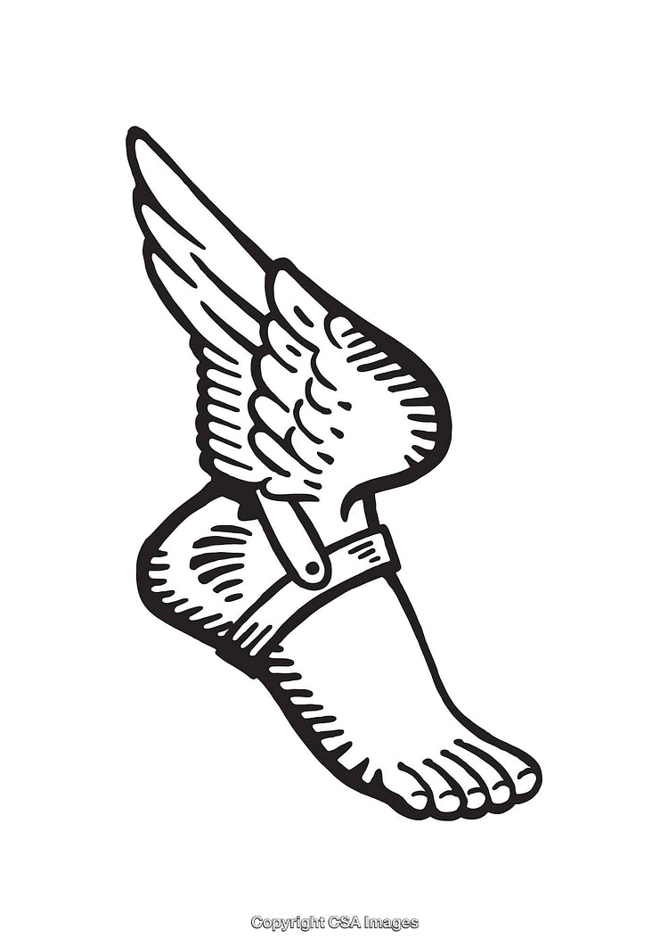 Monochrome Winged Foot Illustration Representing Speed and Agility in Mythology