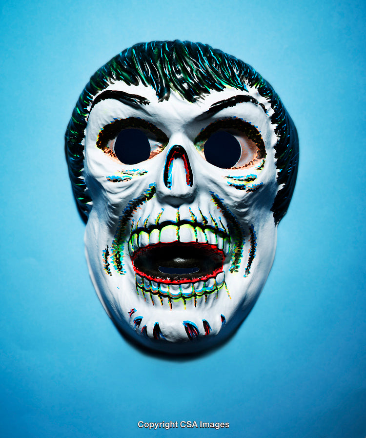 Colorful Zombie Mask on a Blue Background with Open Mouth Design