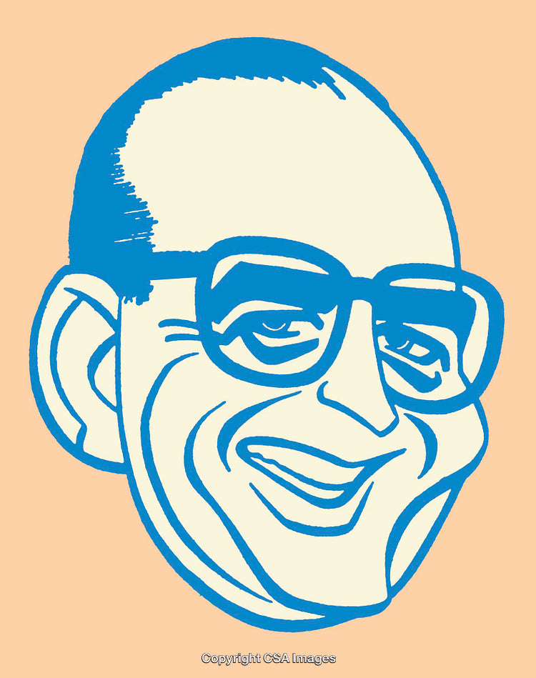 Blue Color Line Art Caricature Illustration Featuring a Smiling Man