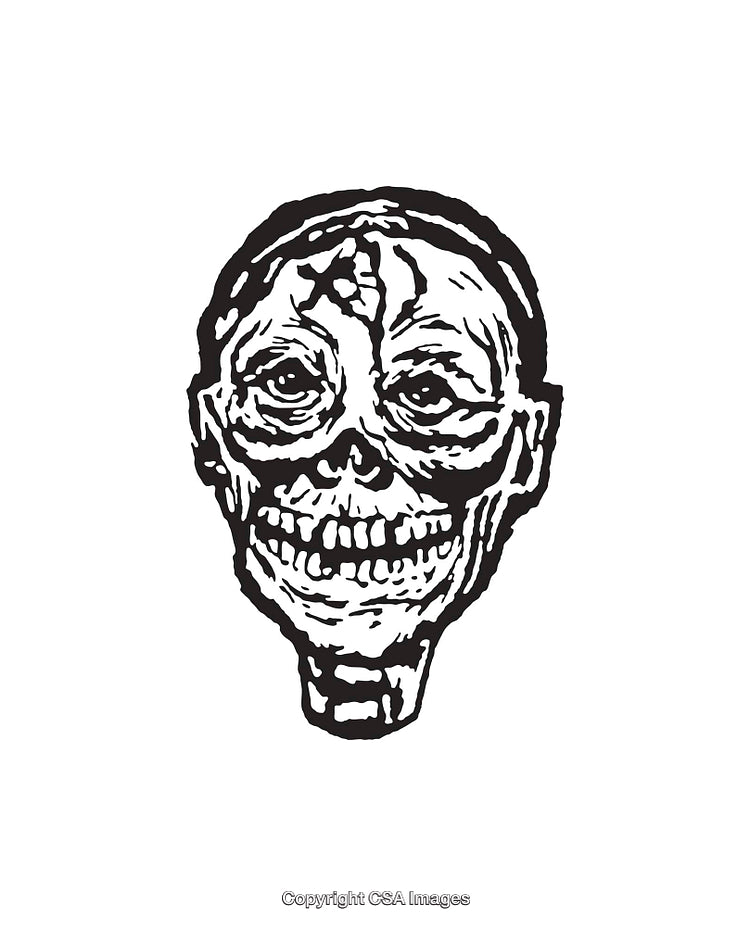 Black and White Line Art Illustration of a Skull with Distinct Features