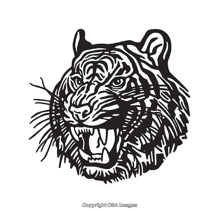 Black and White Line Art of a Roaring Tiger's Head