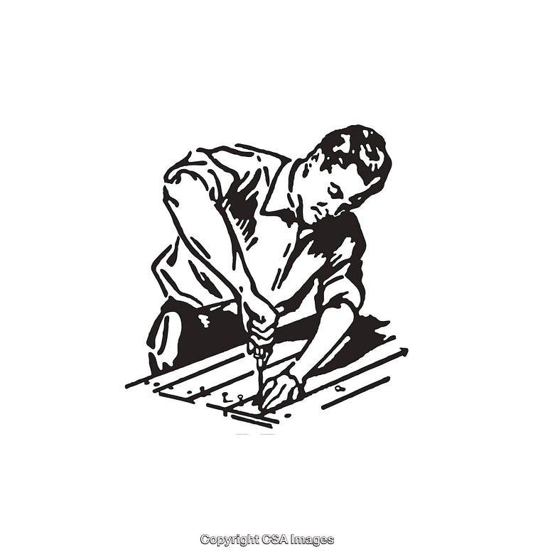 Vintage Black and White Illustration of Craftsman Using a Drill at a Workbench