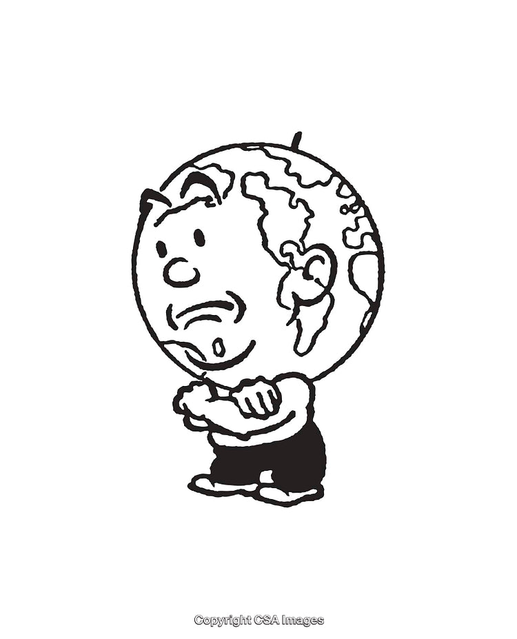Line Art Illustration of a Human Globe Character in Thoughtful Pose
