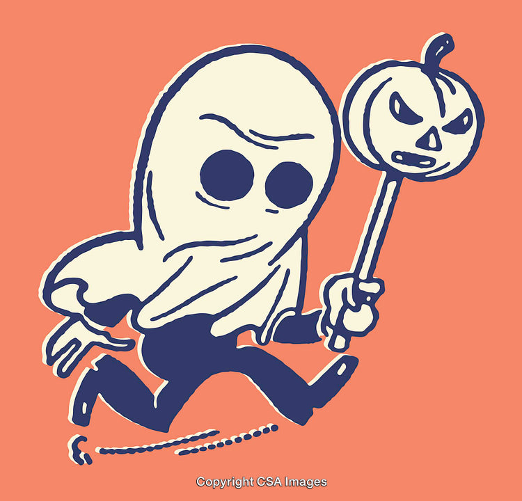 Stylized Ghost Character Holding Pumpkin Lantern in a Vibrant Illustration