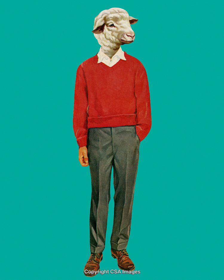 Surreal Illustration of Human Body with Sheep Head on Solid Background