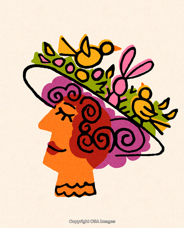 Whimsical Illustration of a Woman With a Creative Floral Hat