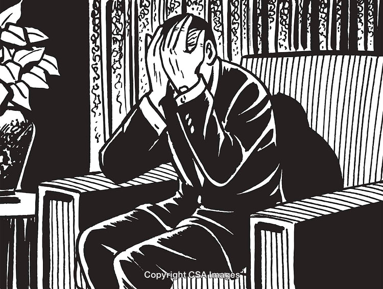 Black and White Art Depicting Man in Despair Sitting on Chair