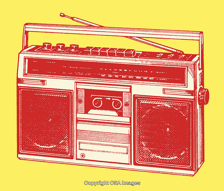 Vintage Red Line Art of Retro Boombox Illustration on Yellow Background