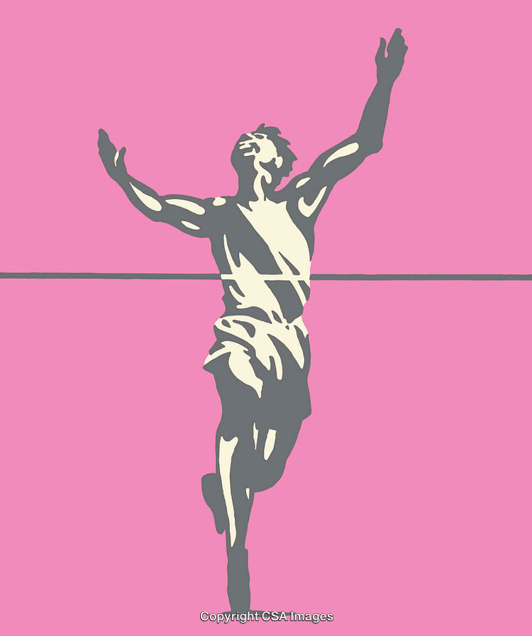 Runner Crossing Finish Line in Minimalist Pink Line Art Style