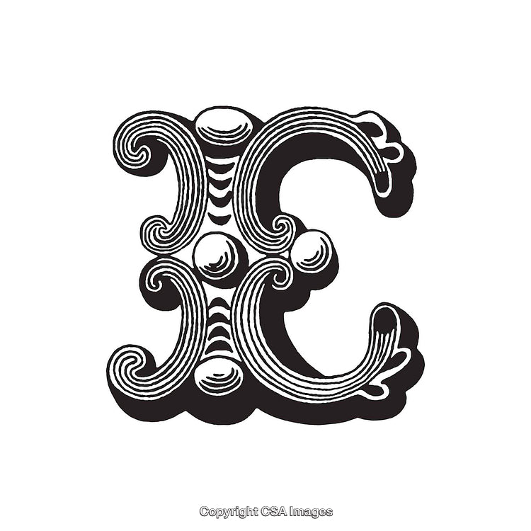 Intricately Designed Decorative Letter E in Vintage Style Monochrome