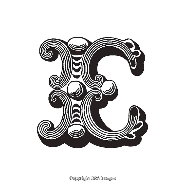Intricately Designed Decorative Letter E in Vintage Style Monochrome