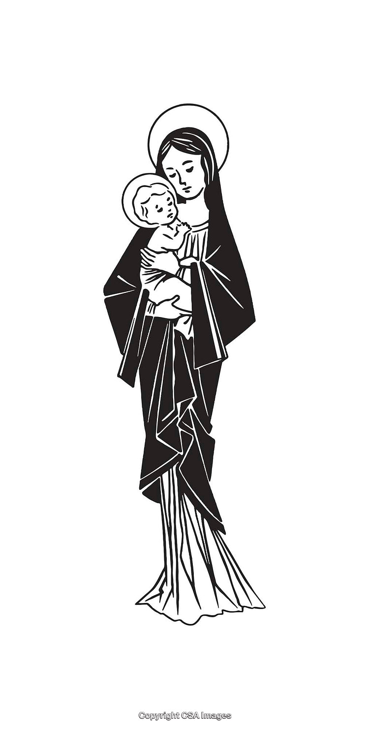 Black and White Line Art of Madonna and Child Illustration