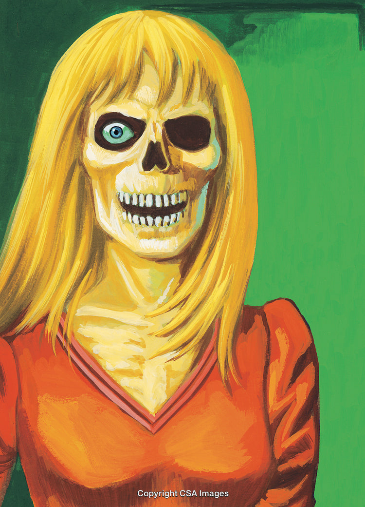 Illustration of a Skeleton Woman with Bright Hair and Vivid Colors