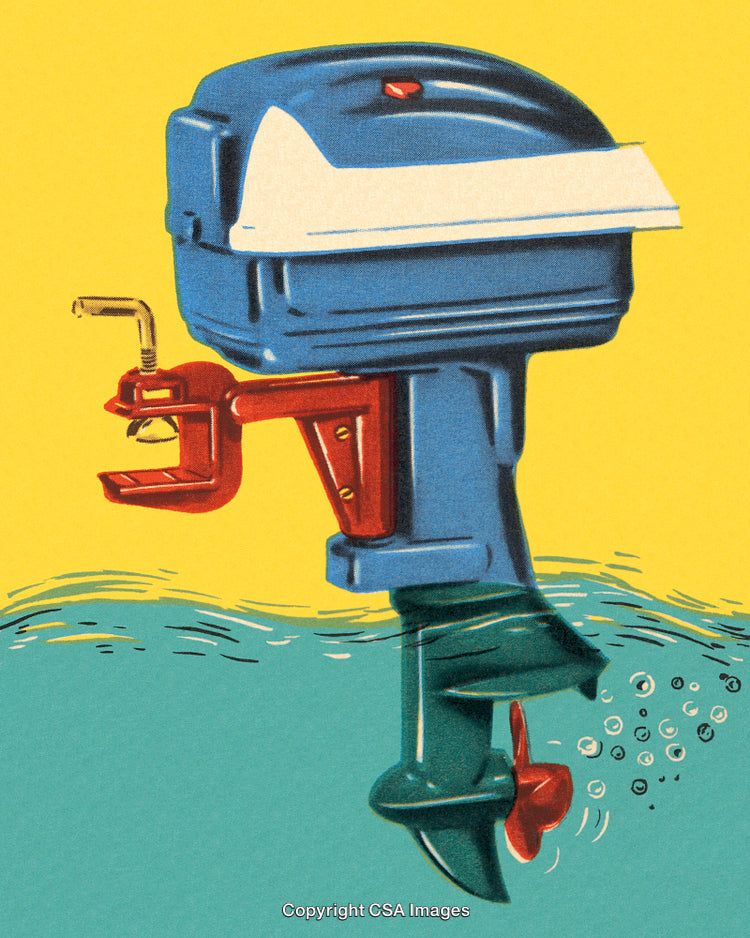 Retro Illustration of a Vintage Boat Motor Against a Bright Background