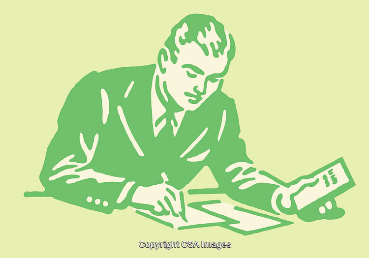 Retro Style Illustration of a Businessman Writing and Calculating