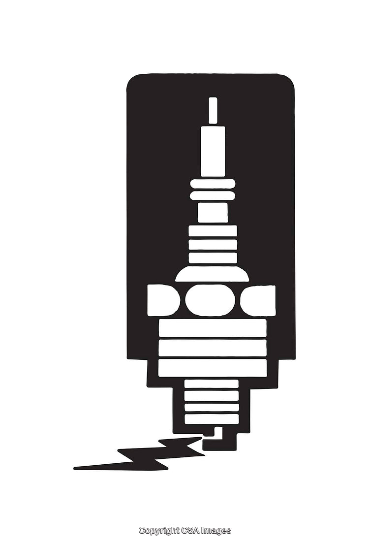Black and White Line Art of a Spark Plug with Lightning Icon