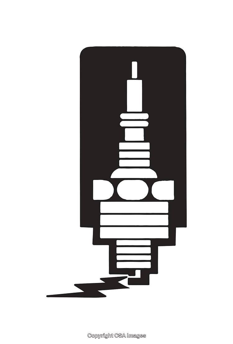 Black and White Line Art of a Spark Plug with Lightning Icon