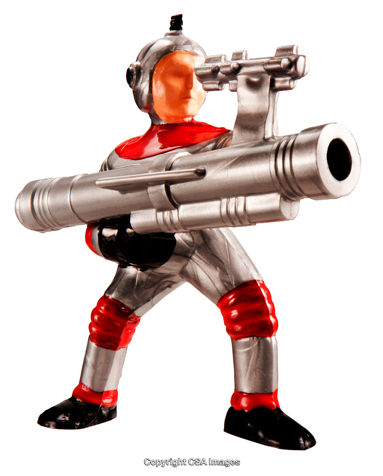 Retro Plastic Toy Featuring Sci-Fi Robot Holding Futuristic Weapon