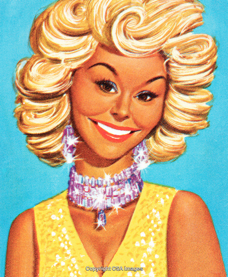 Stylized Portrait of a Smiling Blonde Woman with Glittering Jewelry