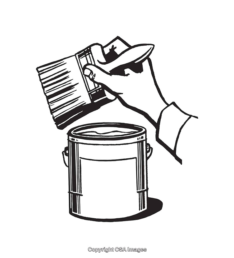 Black and White Line Art of Hand Painting with Brush and Paint Can